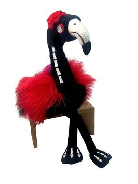 Skeleton Flamingo Plush With Red & Black Fur Skirt & Rose Accents Unique Gothic